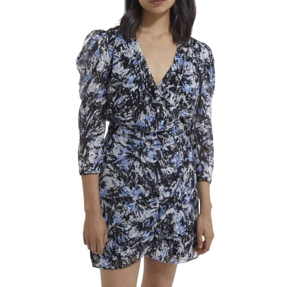 The Kooples Paris Women's Firework Printed Metallic Mini Wrap Dress Black Size 1